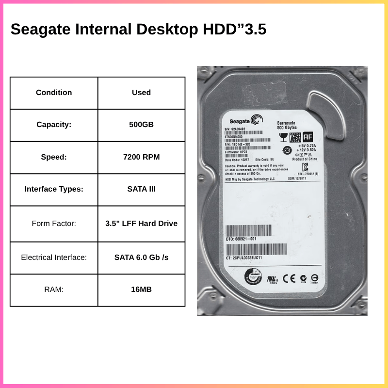 Seagate Barracuda 500GB Internal Desktop HDD”3.5 Cache 16MB