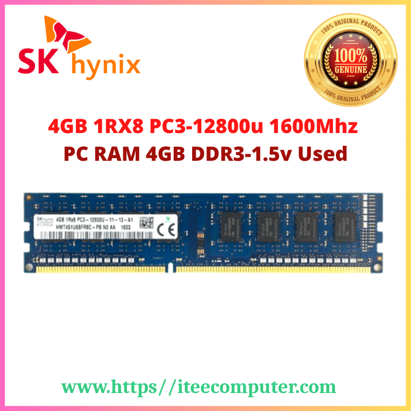 SKhynix DDR3-PC3-12800u 1.5v 1600Mhz (PC Ram 4GB) Used